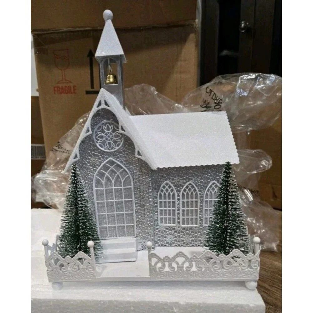 Valerie Parr Hill Illuminated Metal Church W/ Bottle Brush Trees-Silver